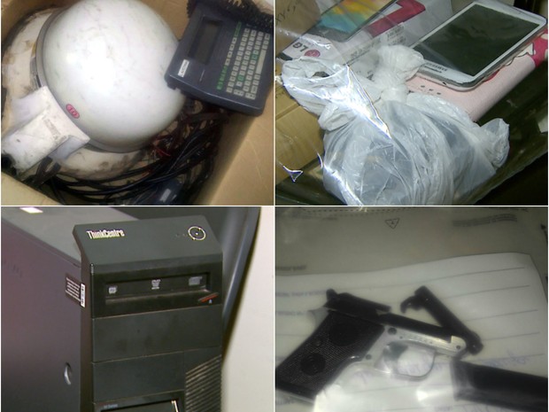 aaaaa collagem FRAUDE EM SEGUROS - QUADRILHA ROUBAVA MÁQUINAS AGRÍCOLAS DAS CIDADES E APLICAVAM O GOLPE NAS SEGURADORAS Produtos apreendidos durante a operação realizada pela Polícia Civil na região (Foto: Paulo Chiari/ EPTV)