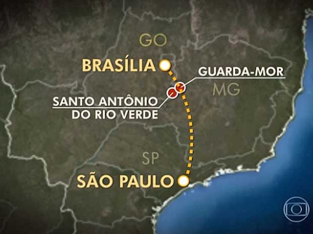 mapa1 BRADESCO SEGUROS - DOIS EXECUTIVOS DO MAIOR GRUPO SEGURADOR NACIONAL MORREM EM QUEDA DE AVIÃO Mapa da região entre Goiás e Minas Gerais e rota que jatinho deveria seguir