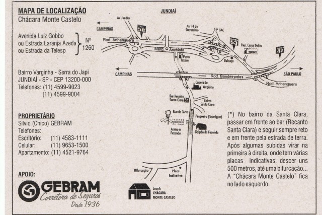 Mapa Gebram O 6º ENCONTRO DOS AMIGOS DA CIS SERÁ COM CHURRASCO EM JUNDIAÍ MAPA DA CHACARÁ ONDE SERÁ REALIZADO O ENCONTRO