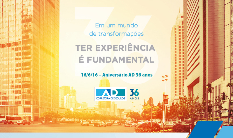 AD 36 ANOS POST FACEBOOK SEGUROS - AD CORRETORA COMEMORA ANIVERSÁRIO DE 36 ANOS Celebrando mais um ano de atividades, a empresa apresenta crescimento contínuo e foco na especialidade de seu atendimento.
