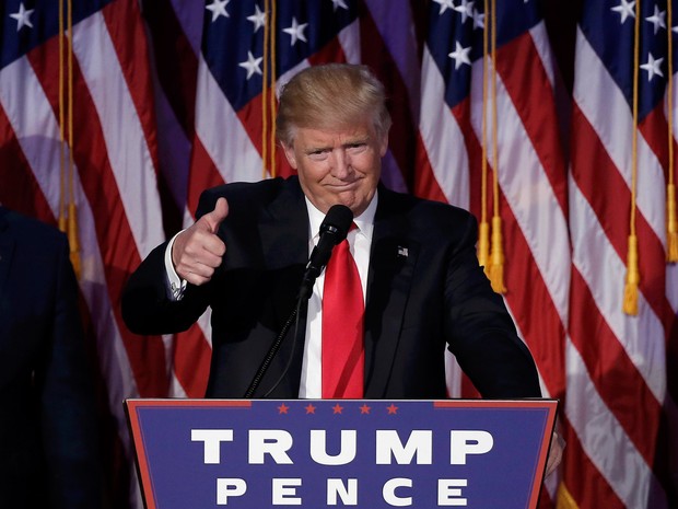D 1 DONALD TRUMP É ELEITO PRESIDENTE DOS EUA Donald Trump fala após vitória - O republicano surpreendeu e contrariou pesquisas e previsões (Foto: Mike Segar/Reuters).