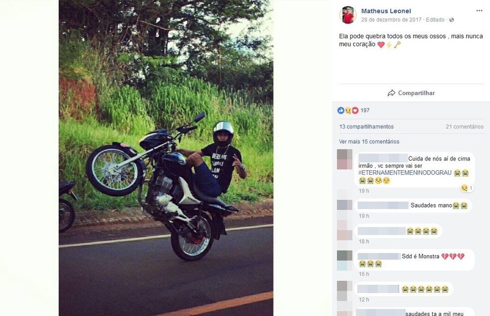 matheus leonel publicou foto onde empinava motocicleta