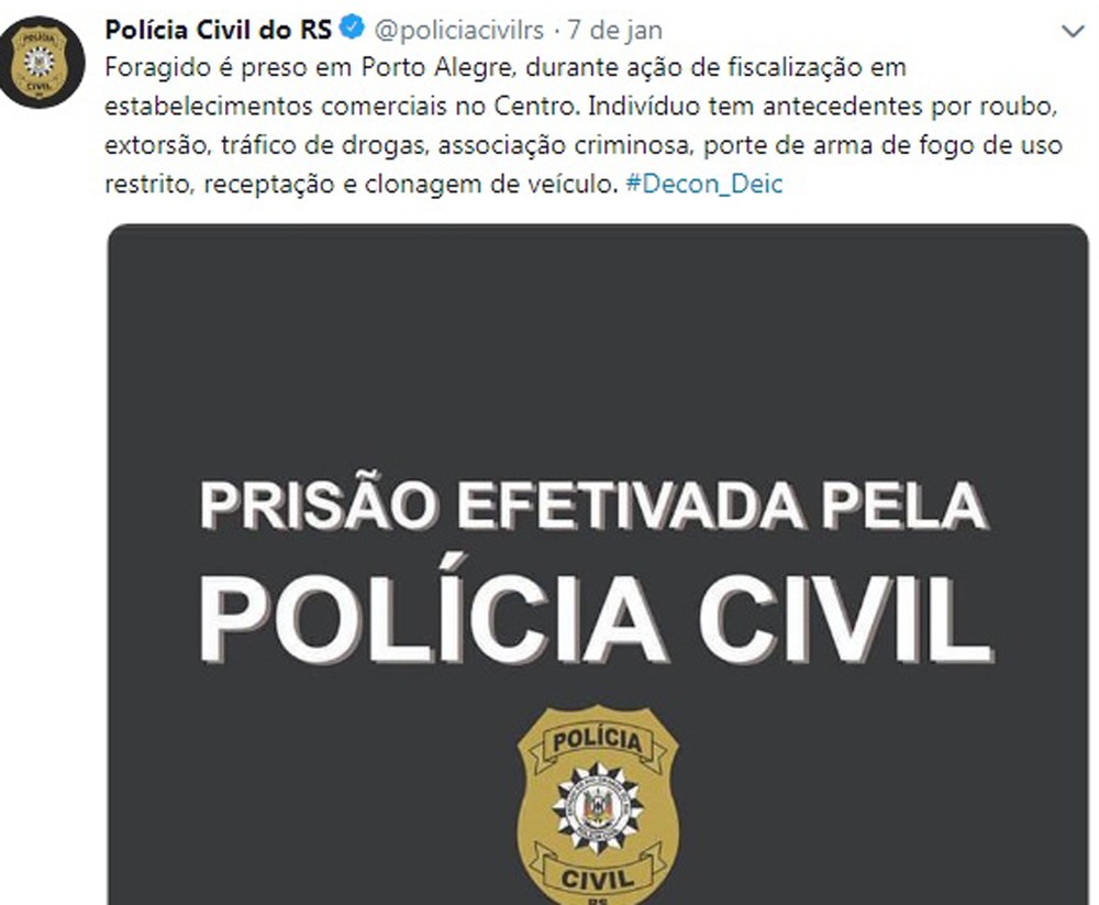 Polícia Civil do RS para de divulgar nas redes sociais imagens de presos, colocando cartela anunciando a prisão — Foto: Reprodução