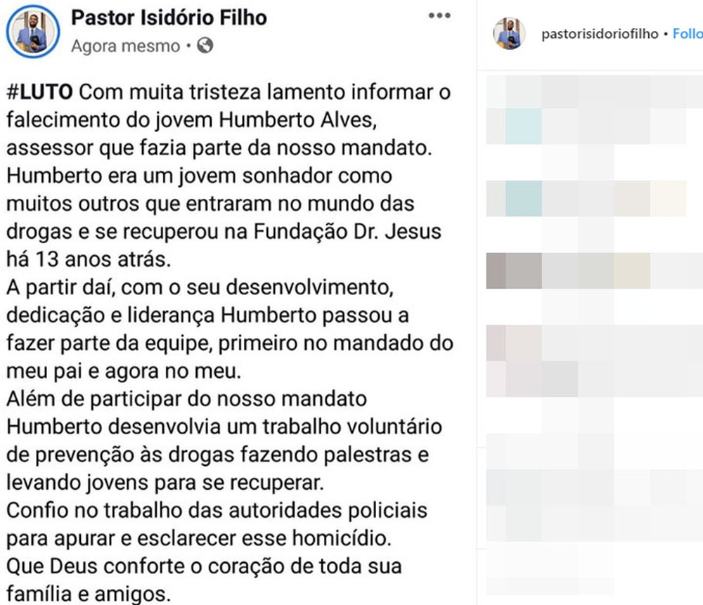 a1 "Era maravilhoso", diz pastor Isidório sobre assessor morto a tiros na Bahia Foto reprodução